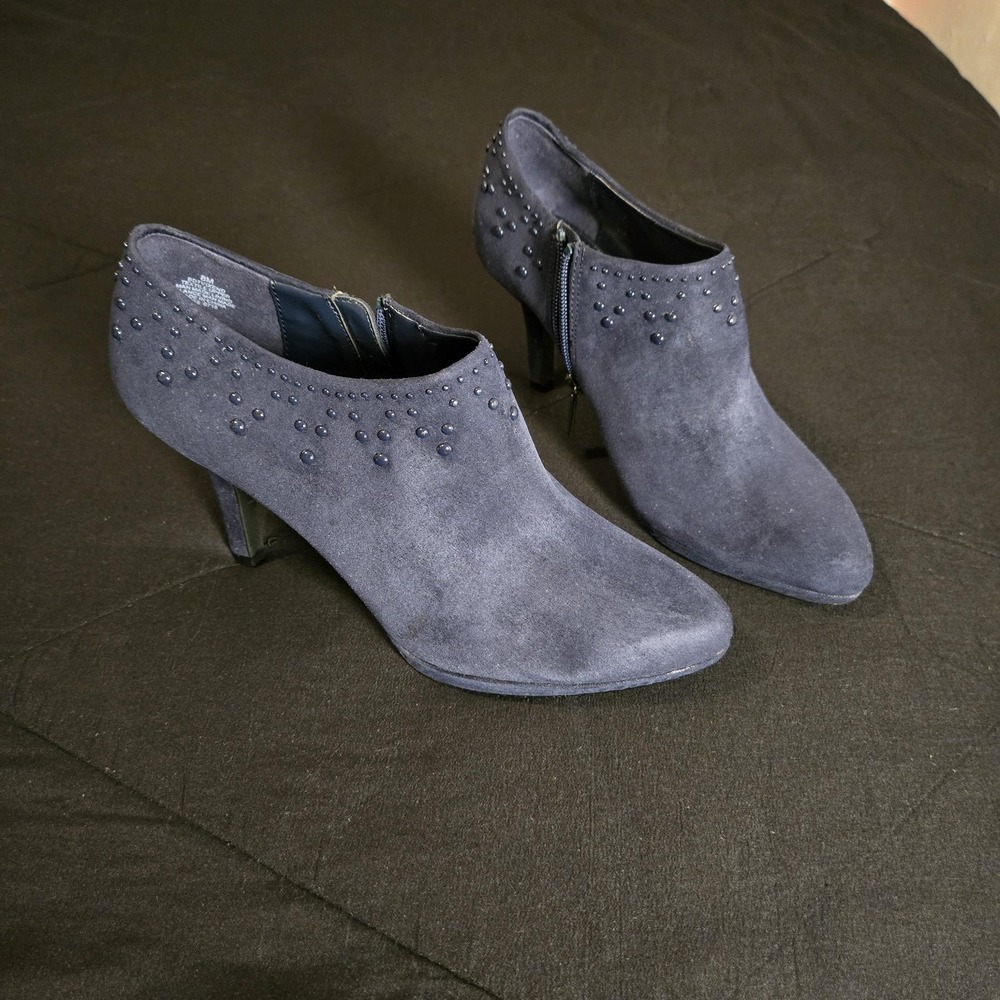 Bandolino Booties Womens Size 8 Blue Faux Suede Studded Ankle Zip Stiletto Heel